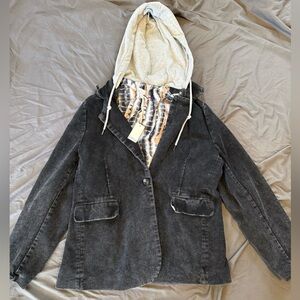 Gilded Intent Black Corduroy Blazer/Shacket with Gray Hood